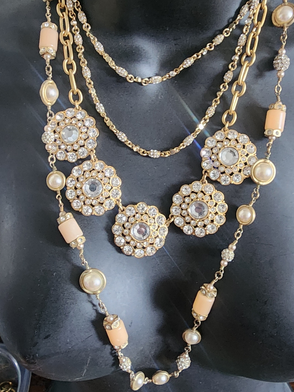 Lot of 3 J.Crew Statement Necklaces: Crystal Medallion & Faux Pearl Floral